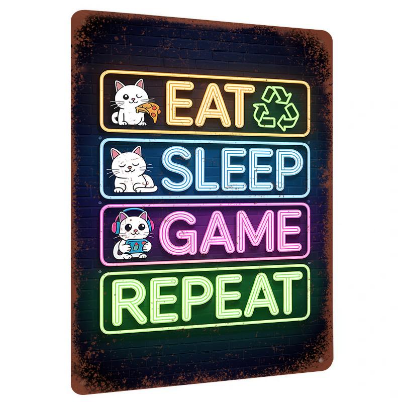 Neon Cat Gaming Metal Wall Art Eat Sleep Game Repeat Decor for Living Room Bedroom Gamers Gift 20x30cm（7.8x11.8inch）
