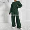 Light Grey Ribbed Knit Loungewear Set with Wide Leg Pants
