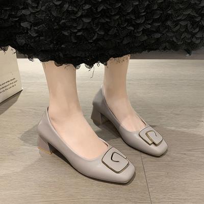 Fashion Elegant Ladies Office Dress Shoes Cow Leather Pumps Woman Medium High Heel Mary Janes Metal Button Loafers Femme Square Toe Shoe
