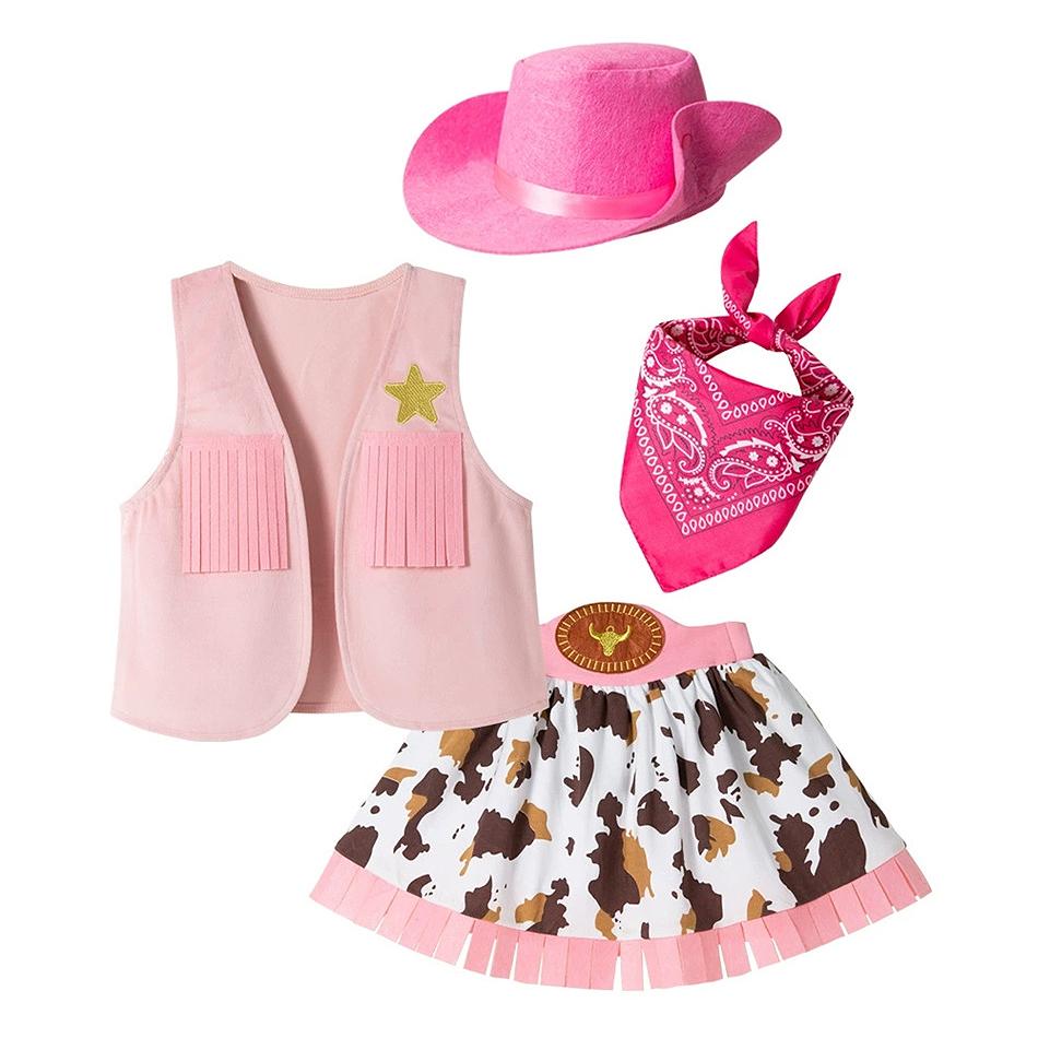 Set da Cowboy Cosplay per Bambine, Performance, Bambini, Gilet Rosa, Gonna, Sciarpa, Cappello Pieghevole, Completo, Bambino Piccolo, 4 Pezzi, Abbigliamento per Halloween, Carnevale