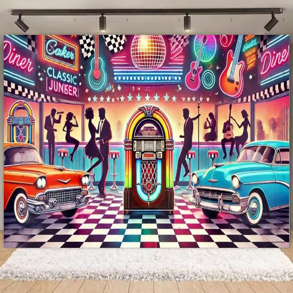 

1950s Rock Restaurant Party Decoration Car Musical Element Background Banner Retro Neon Light Backdrop Supplies Photography Prop 120X90CM