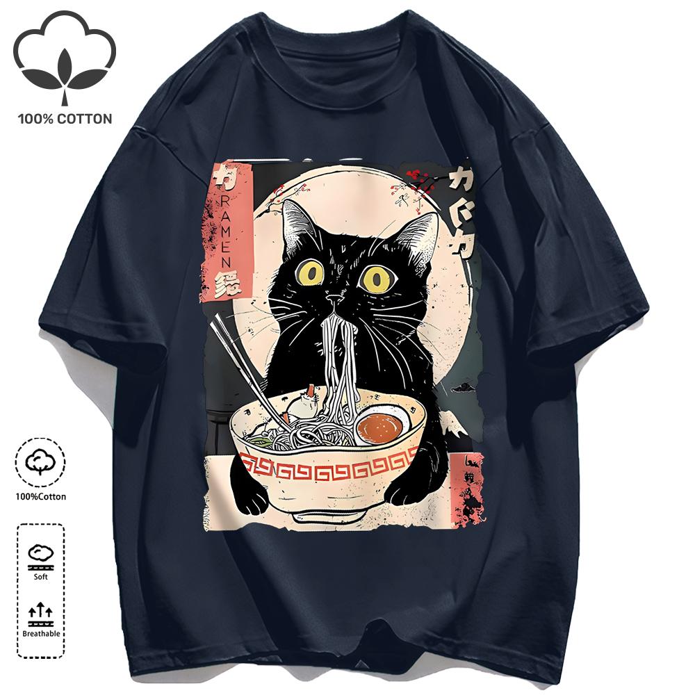 Cat Likes To Eat Noodles And Daydream Design Unisex Retro T-Shirt Casual Cotton Sportwear Loose Hip Hop Clothing Unisex O-Neck Tee