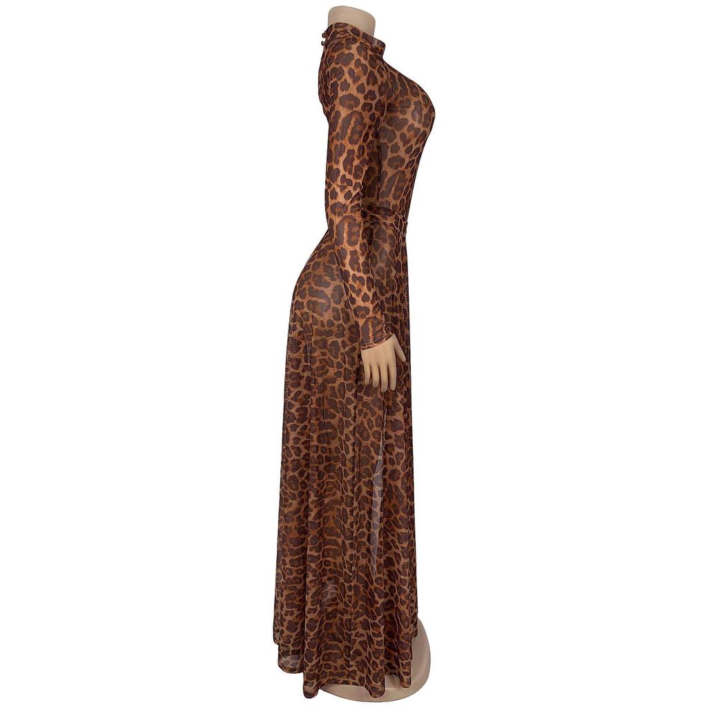 Women's Sexy Leopard Print Long Sleeve Split Dress