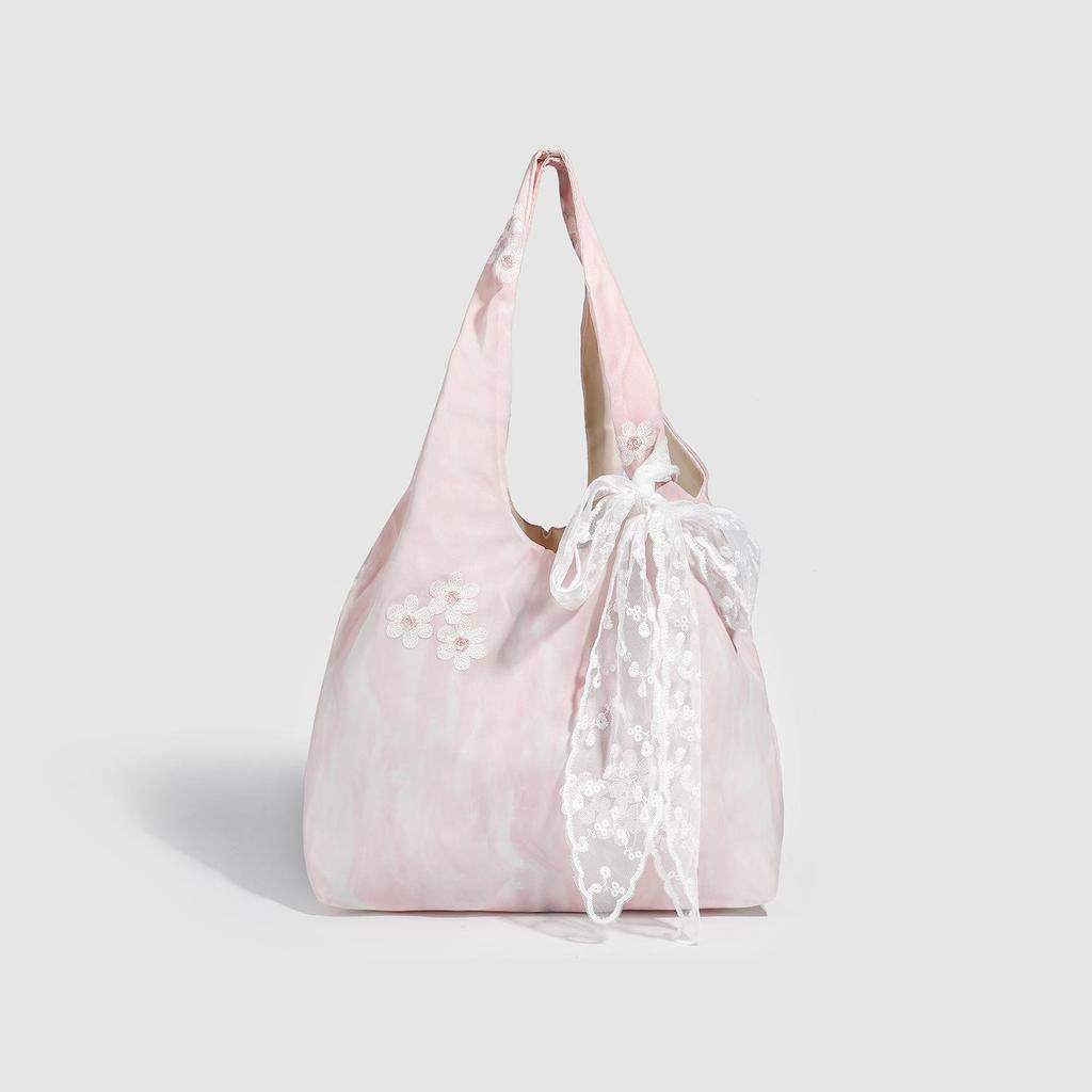 2025 Bow Art Lace One-Shoulder Large Canvas Tote Bag