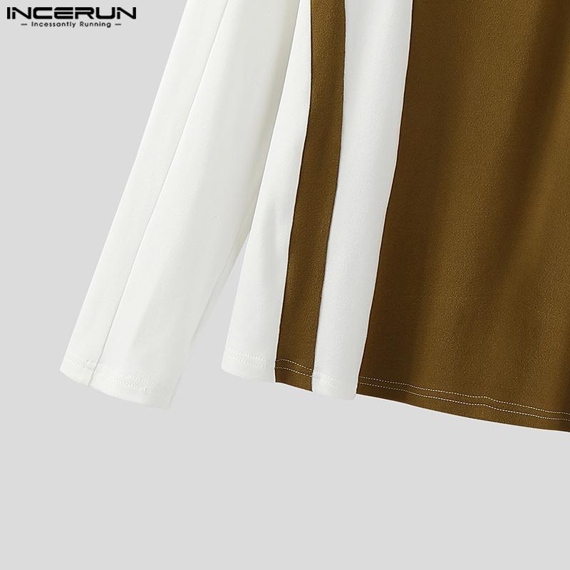 INCERUN Men Mockneck Long Sleeve Patchwork Zipper Casual Fitted Pullover Tops