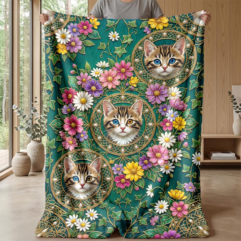 Floral Cats Artwork Theme blanket Lightweight Warm Flannel Blanket Decorative Throw Blanket for Home Decoration