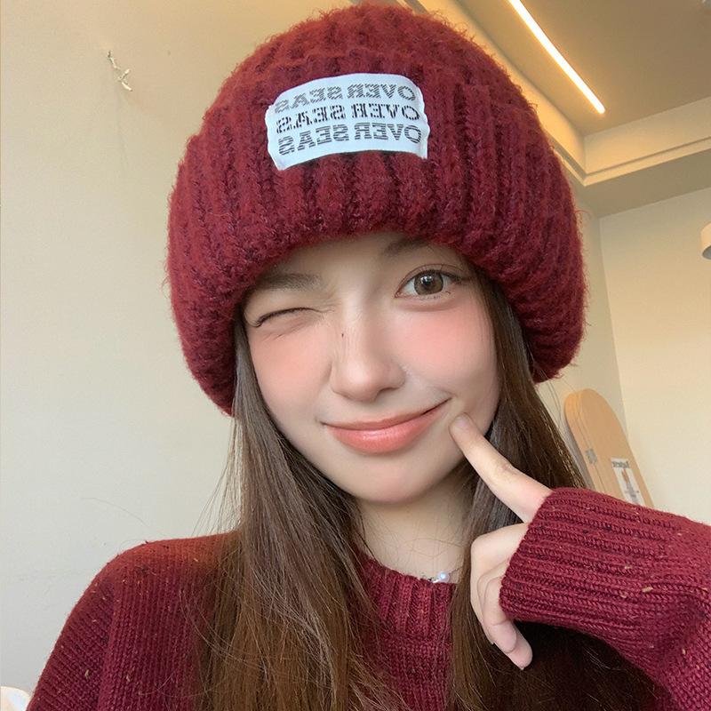 Simple Letter Patch Woolen Hat for Women in Autumn and Winter Thickened Warm Ear Protection Knitted Hat Large Head Circumference Pullover Cold Hat