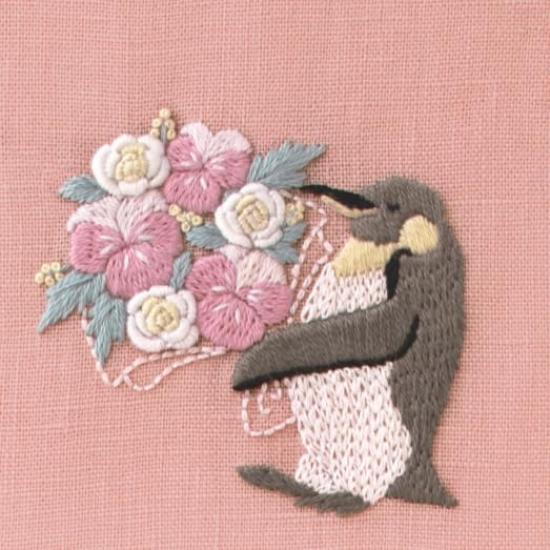 DMC Chicchi 12 Months of Animals and Seasonal Plants Embroidery Penguin Holding a Bouquet of Violas and Ornamental Cabbages Free Stitch Kit JPT112