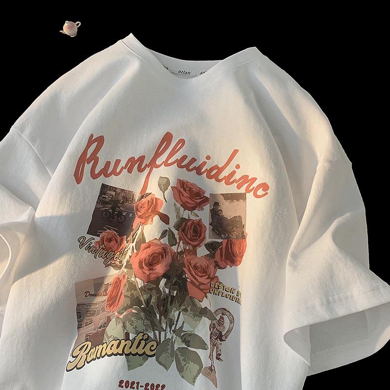 

Мужские и женские футболки с короткими рукавами с принтом цветка розы Y2K Рубашки Топы Блузки Женские толстовки в стиле хип-хоп Летняя одежда для пар Уличная одежда L белый