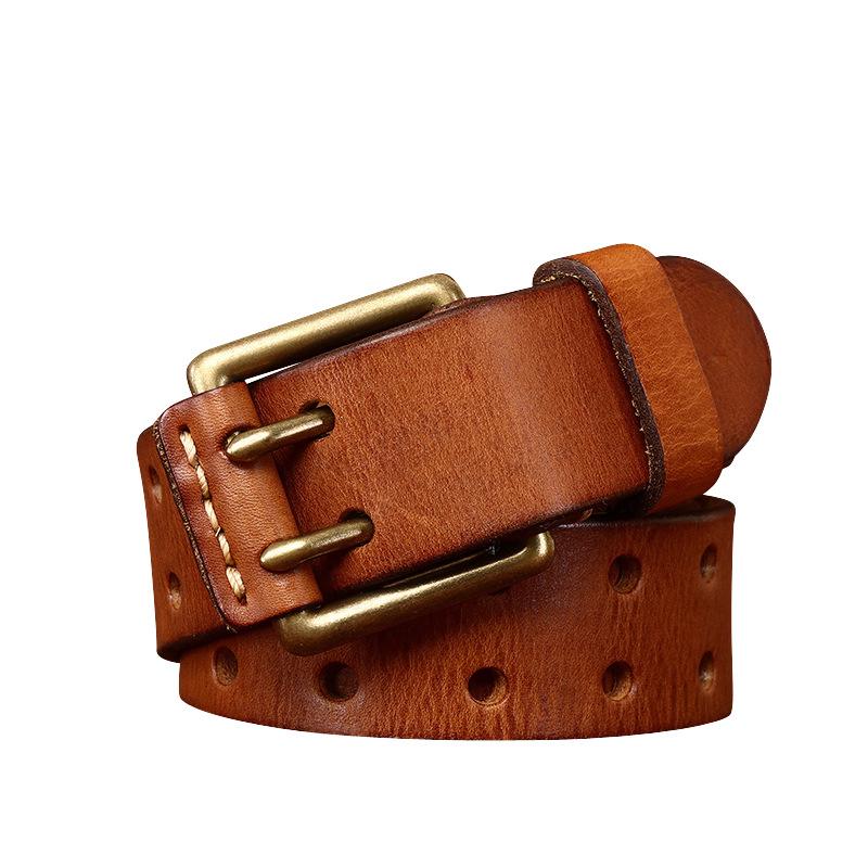Factory Direct Sales Men's Genuine Leather Belt Double Needle Buckle Head Layer Cowhide Retro Youth Copper Buckle Belt