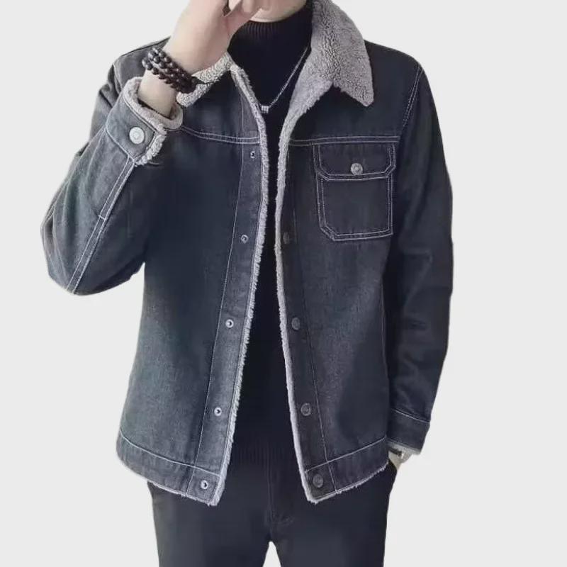 Men's Slim Lapel Velvet Denim Jacket, Winter 2024 Korean Style Lambskin, Casual and Trendy