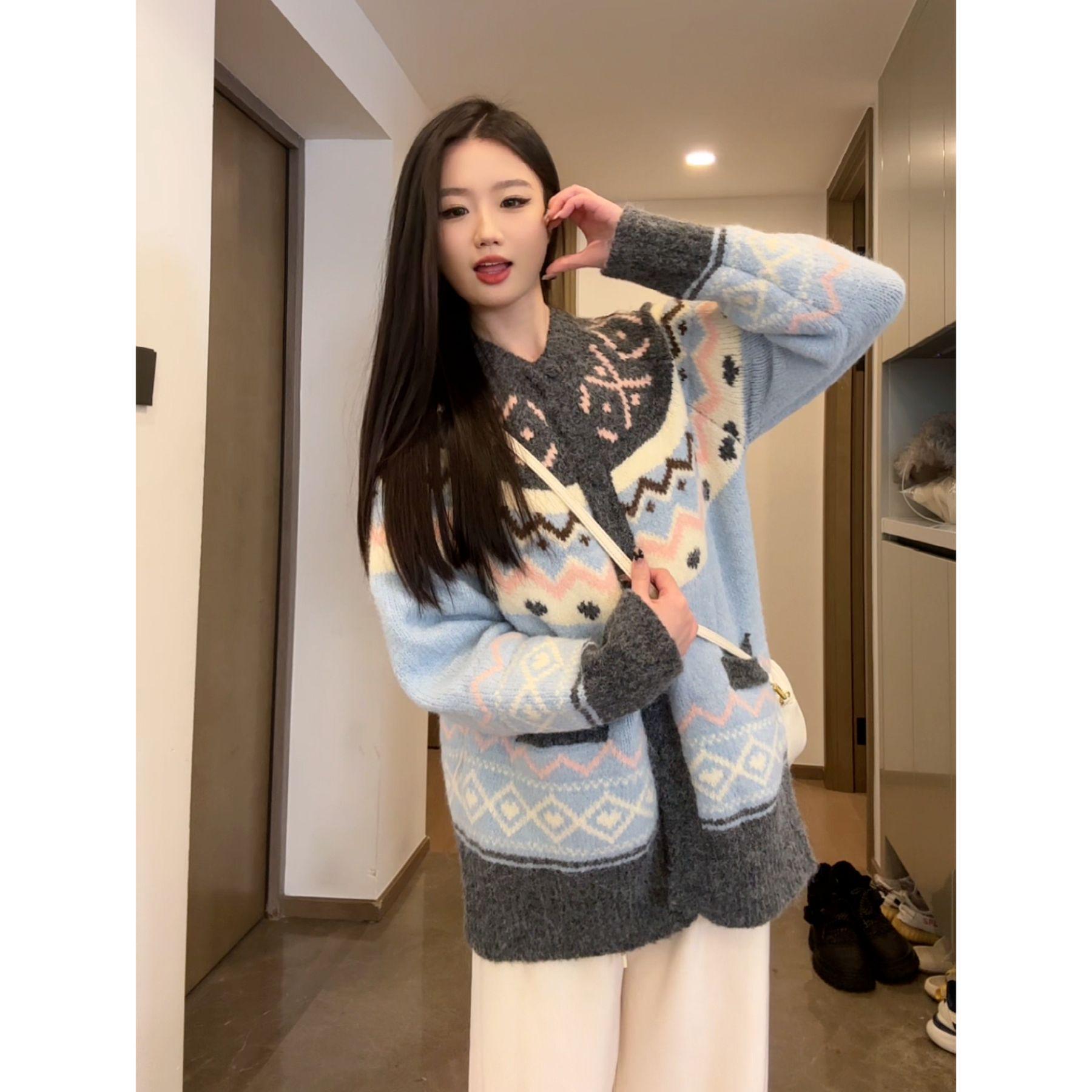 

Женский жаккардовый кардиган Fair Isle 2024: Уютный отложной воротник, свободный крой для осени/зимы One Size