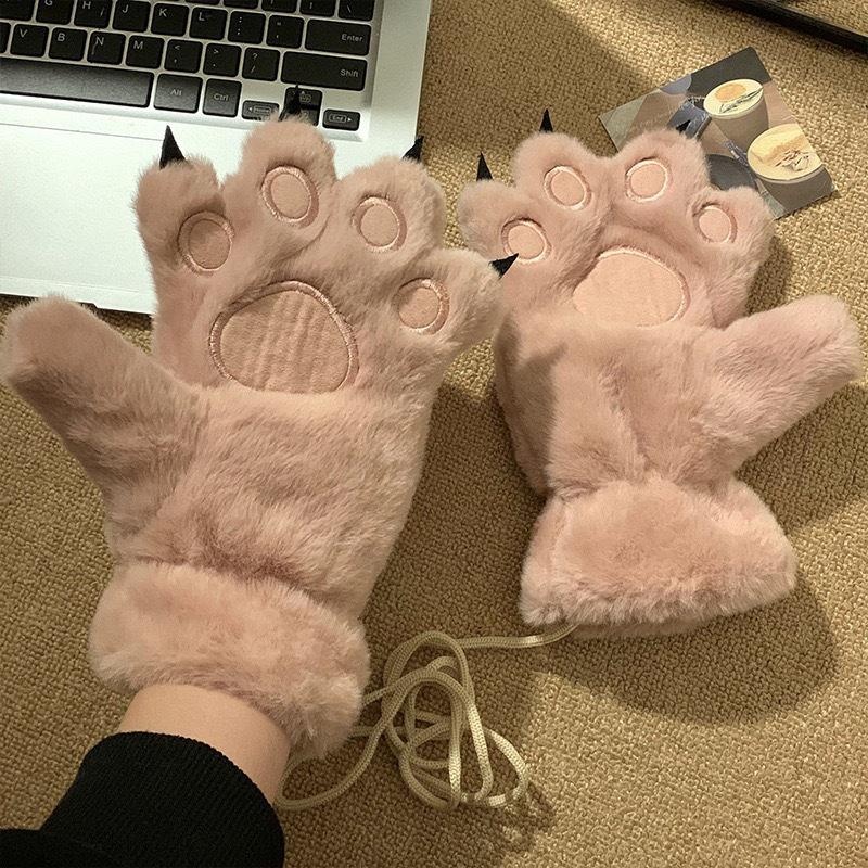 Cute Cartoon Bear & Cat Paw Plush Winter Gloves for Women and Students - Fleece Lined, Neck Hanging, Cold-Proof, Trendy for Cycling