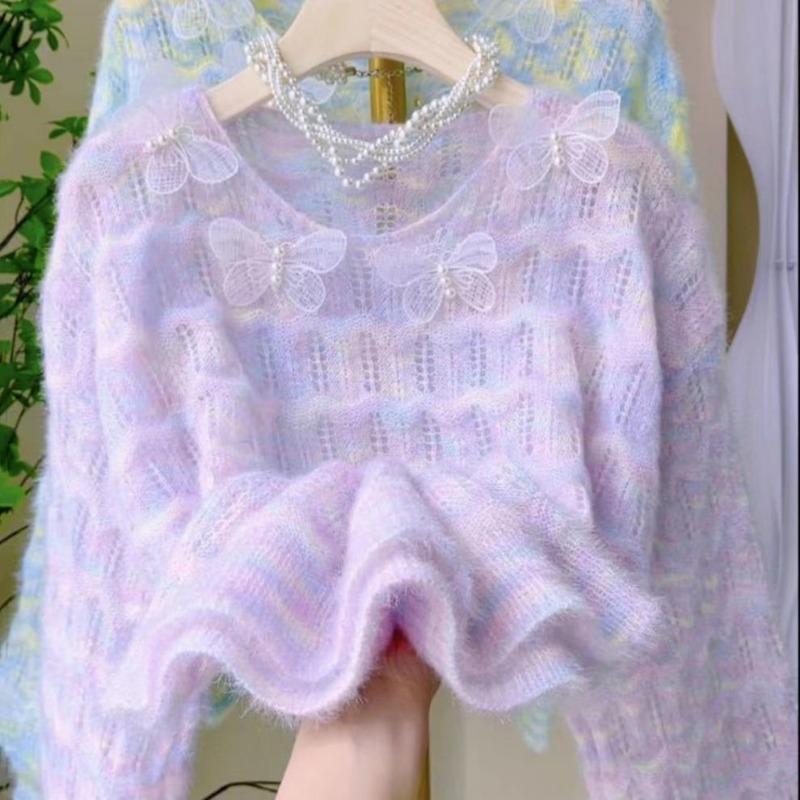 Spring and Autumn New Loose Gradual Change Rainbow Female Butterfly Sweet Gentle Wind Hollow Sweater Pullover Knitted Sweater Female