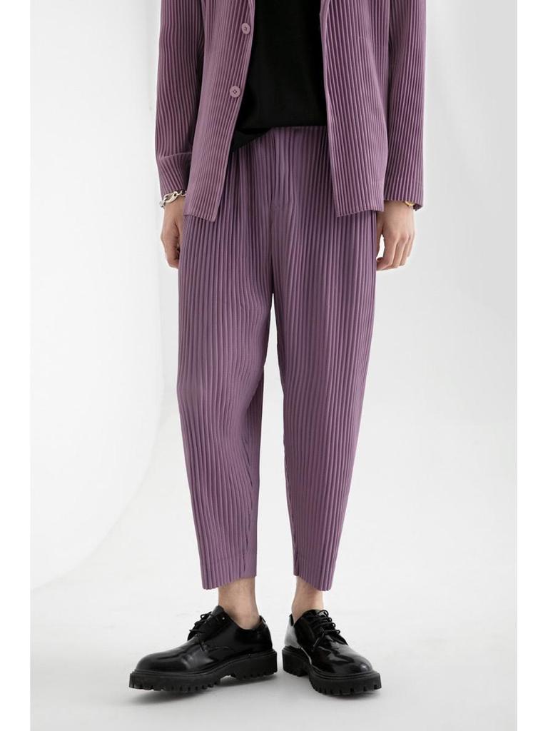 Miyake-Style Men's Pleated Tapered Nine-Point Pants with Drawstring