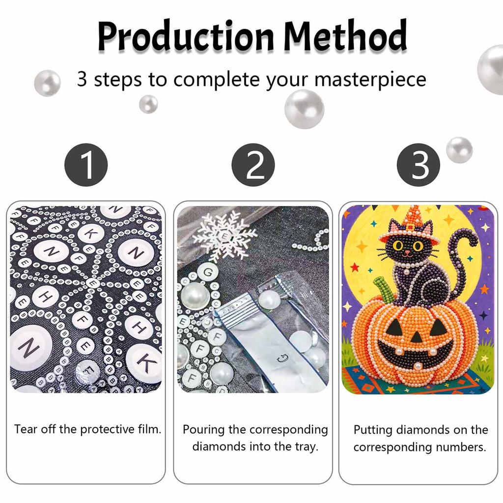 DIY 3D Pearl Painting Canvas Halloween Black Cat Pumpkin Pattern Relaxing Leisure Craft Kit for Adults Home Wall Decoration