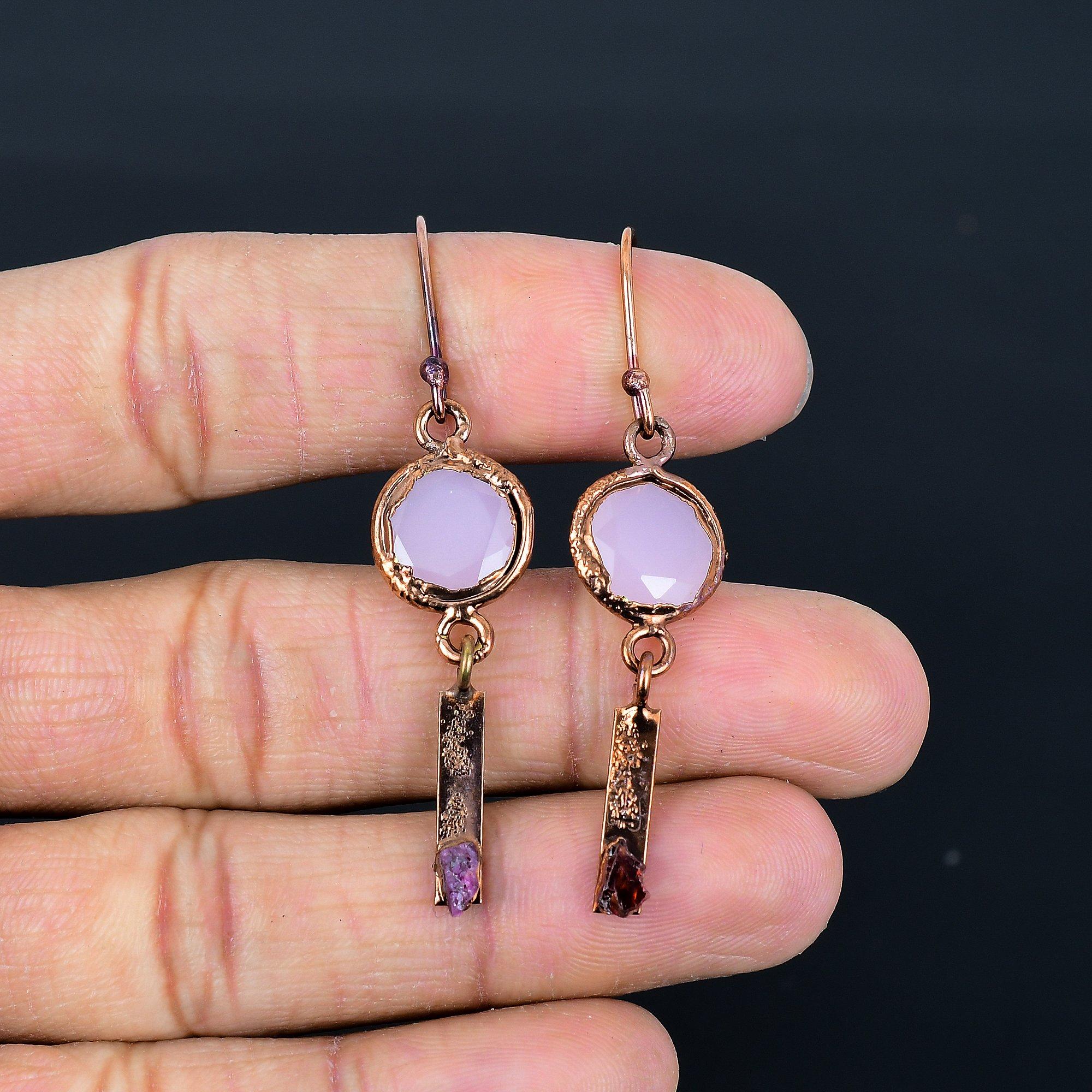 

Pink Chalcedony Earrings Gemstone Jewelry, Copper Electroformed Handmade Earrings, Latest Design Jewelry 2.55 Inches