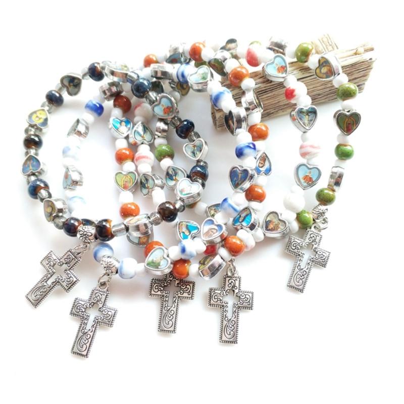 Cross Pendant Strand Bracelets Elastic Bead Bangles Women Jewelry Gift Beaded Bracelets Pendant Bracelets for Girl Women