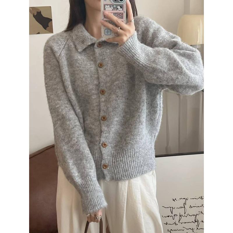 Lazy Single-breasted Solid-color Knitted Sweater Women's Cardigan Autumn and Winter Wear Loose and Thin Top Jacket