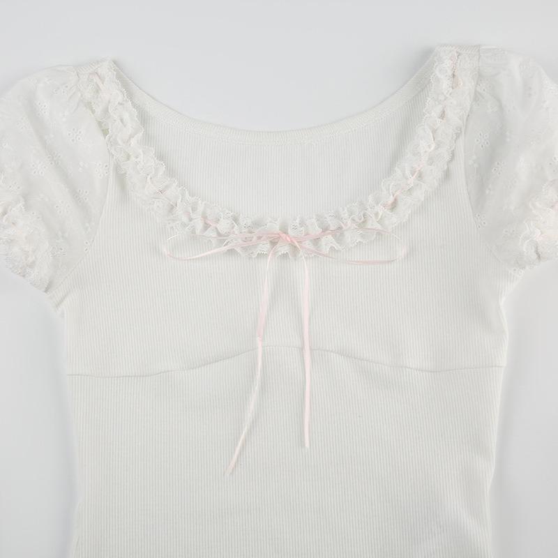 Dámský krajkový límec kolizní kravata mašle dívčí slim zeštíhlující pletený top peplum bublinkový krátký rukáv tričko