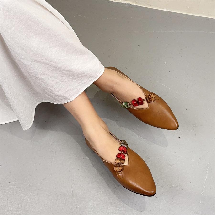 Johnature Flower Retro Pointed Toe Shallow Flat Shoes Ethnic Style Genuine Leather Women's Shoes