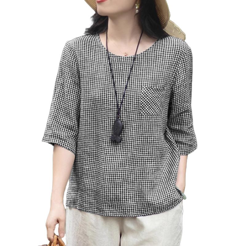 ZANZEA Women Casual Round Neck Plaid Print Loose Half Sleeve Blouse