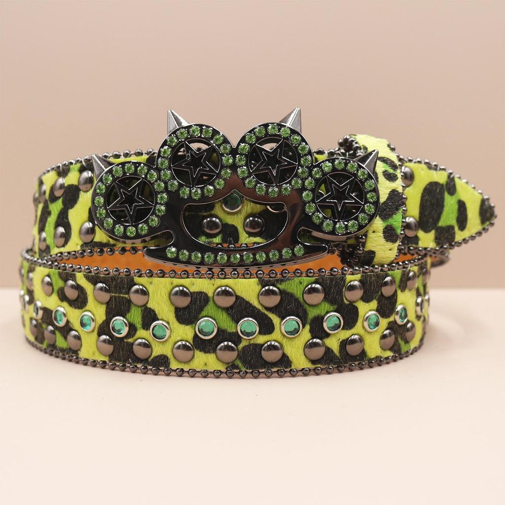 Leopard Print Rhinestone Knuckle Duster Punk Belt - Y2K European & American Style Women's Decorative Accessory