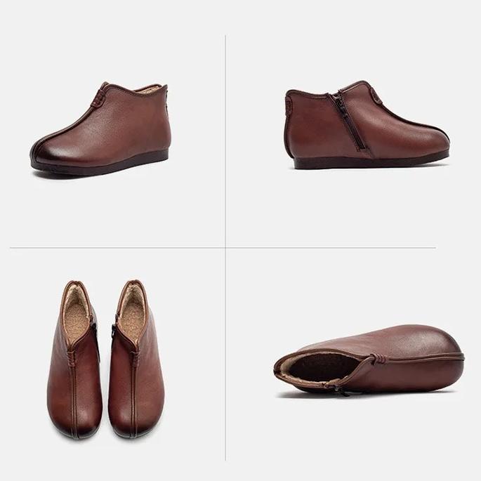 Johnature Genuine Leather Plush Warm Cotton Shoes Round Toe Flat Ankle Boots Commuting Women's Shoes