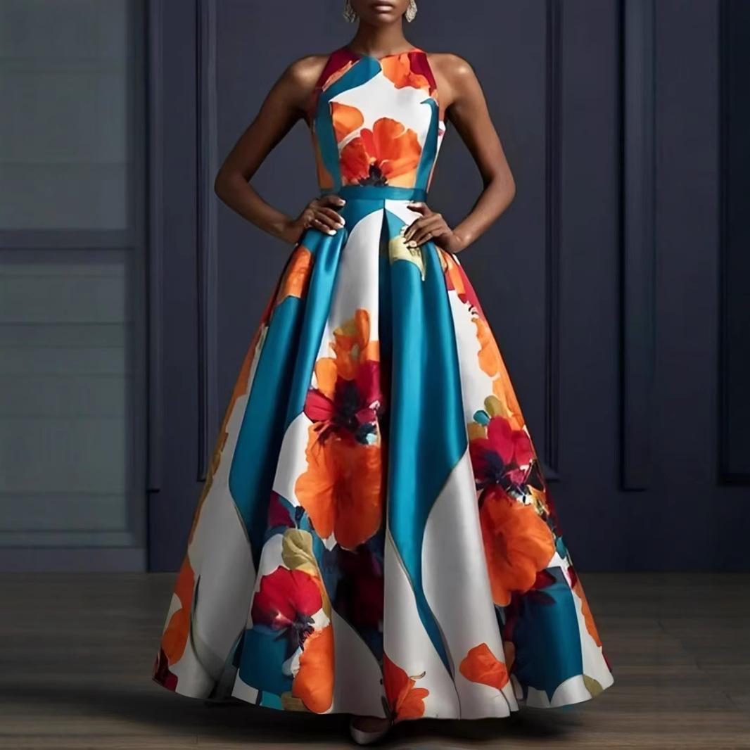 Women s Halter Sleeveless Maxi Dress A Line High Rise Elegant Floral Print Satin Evening Gown S