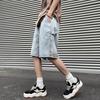 Men Denim Shorts Elastic Drawstring Waist Wide Leg Pockets Shorts with Straight Solid Color Casual Shorts Streetwear