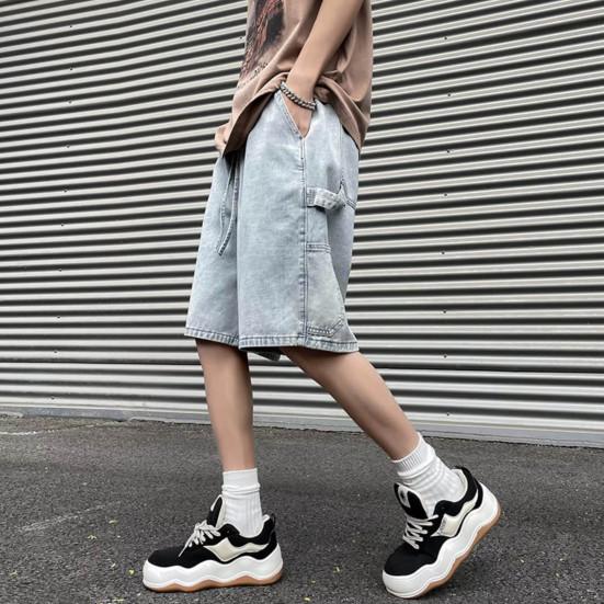 Men Denim Shorts Elastic Drawstring Waist Wide Leg Pockets Shorts with Straight Solid Color Casual Shorts Streetwear