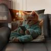 Cute Cat Holding Phone Cushion Cover Natural Linen Organic Fabric DoubleSided Printing Sofa Home Decor Gift Pillow Case