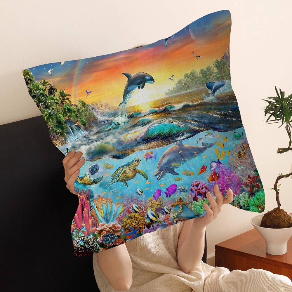 Ocean World Shark Area Pillow Covers Cartoon Sofa Decorative Home Double-Sided Printing Short Plush Cute Cushion Cover