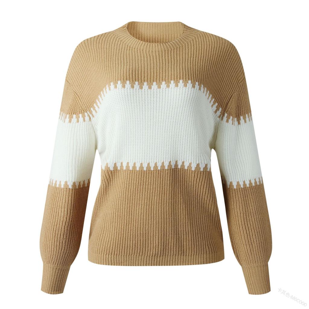 Contrast Colour Striped Knitted Sweater for Women Bell Sleeves Top Women's Round Neck Luxurious Relaxed-fit Slimming and Versatile Top