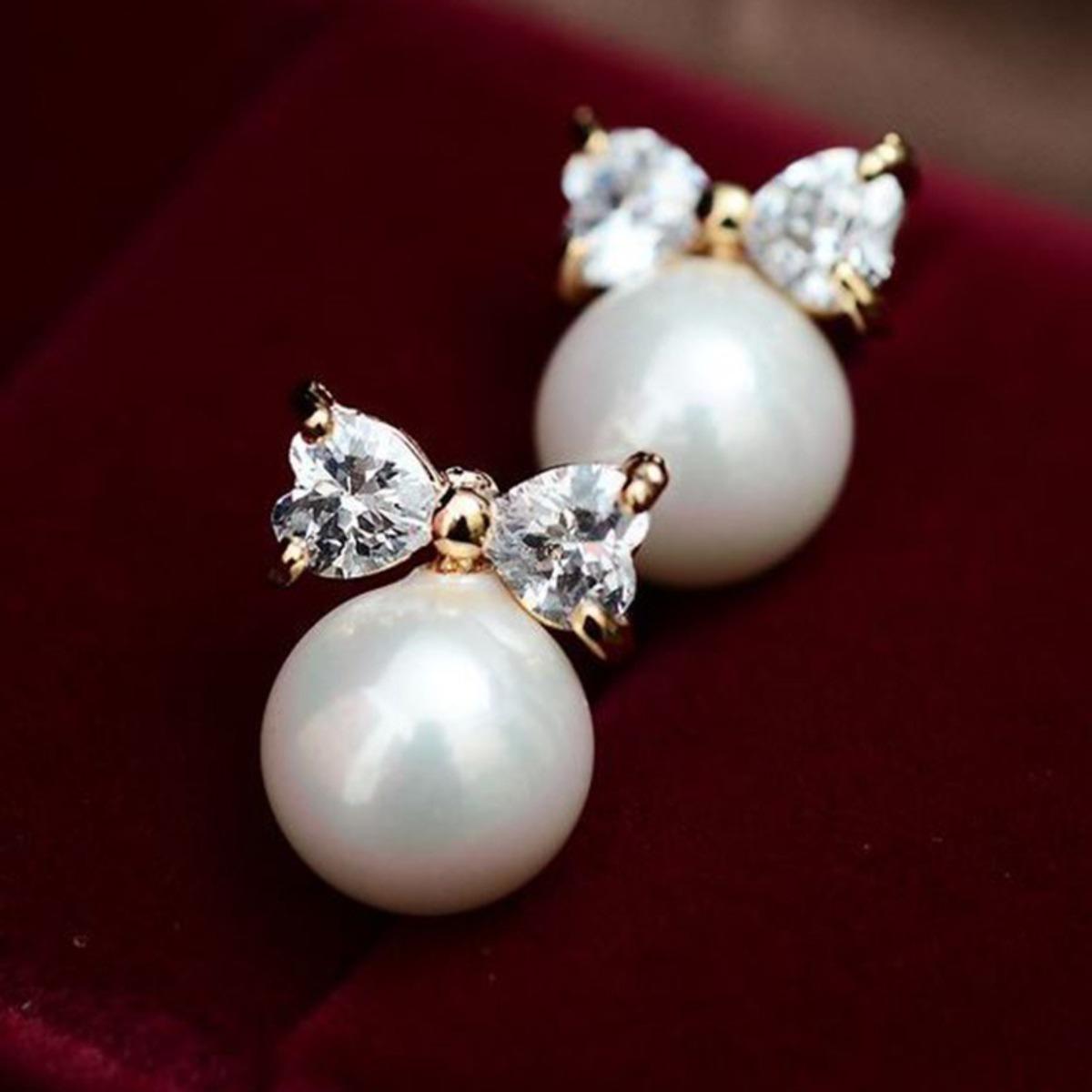 Sweet Heart-Cut CZ Bowknot Pearl Drop Earrings for Women