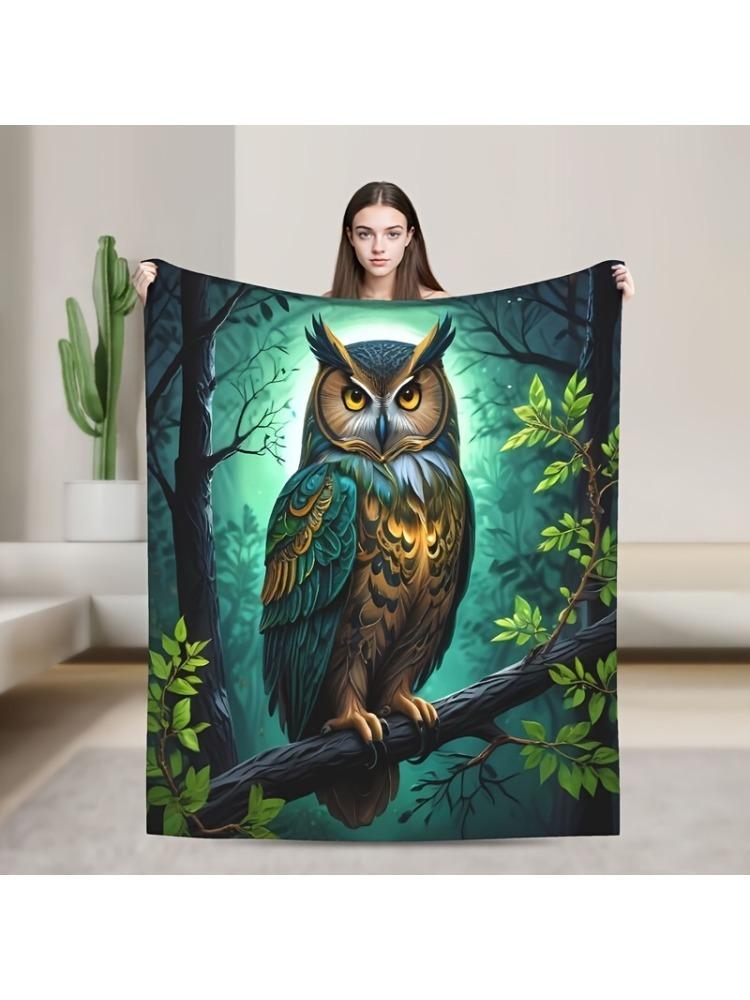 A Flannel Blanket With AnOwl Pattern OnA Branch,Shawl Blanket,Suitable For Bedroom,Dormitory,Car,Outdoor,Sofa,Travel,Office,Gift
