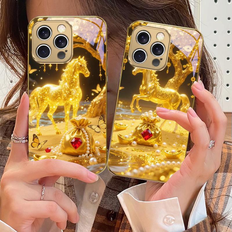 The Golden Fighting Horse For IPhone 16 17Pro Max 15 P ro 14 13 Plus 12 Mini 11Pro Max XR 16E 17 Air Golden glass phone case