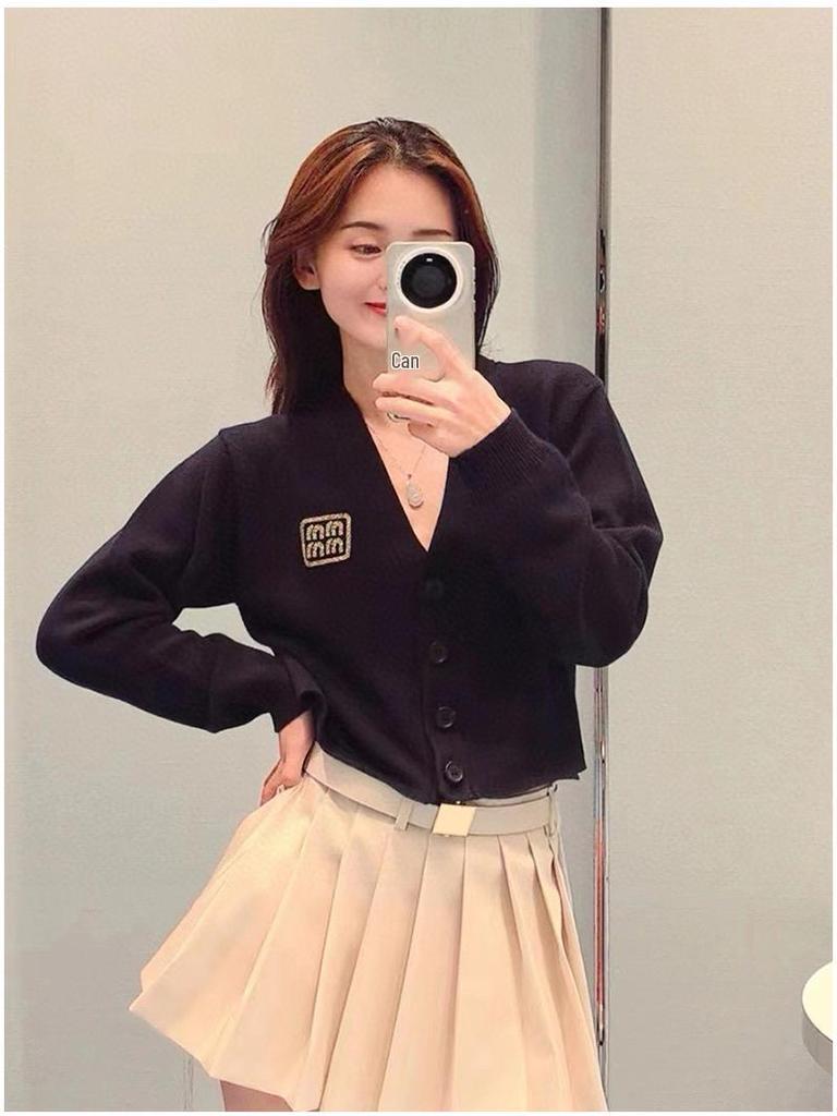 Nanyou Dark Blue Wool Coat - Miu Series: Embroidered Cardigan V-Neck Knitted Top for Women, Spring Collection