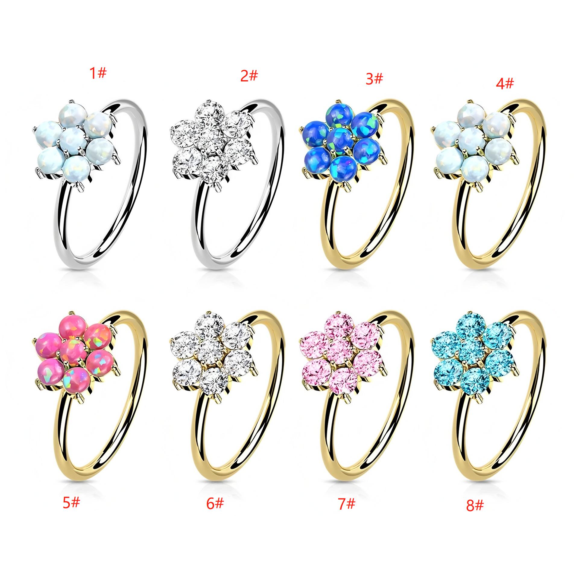Fashion New Seamless Nose Ring Set, Titanium Alloy Opal Flower Nose Ring, Beautiful and Elegant, High-End Quality 2#