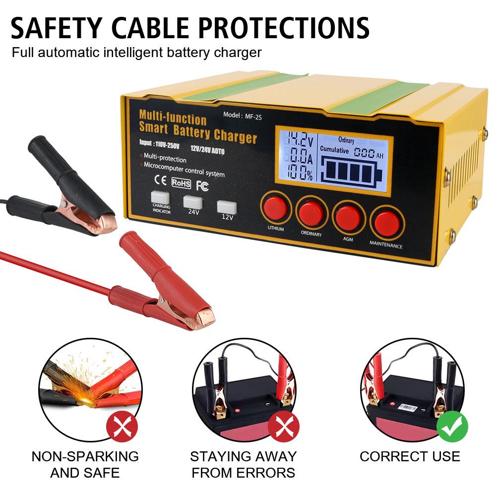 Pulse Repair Battery Charger AGM Car Battery Charger Truck Motorcycle Charger 220W LED Display 12V12A 24V8.5A 110V-250V Input