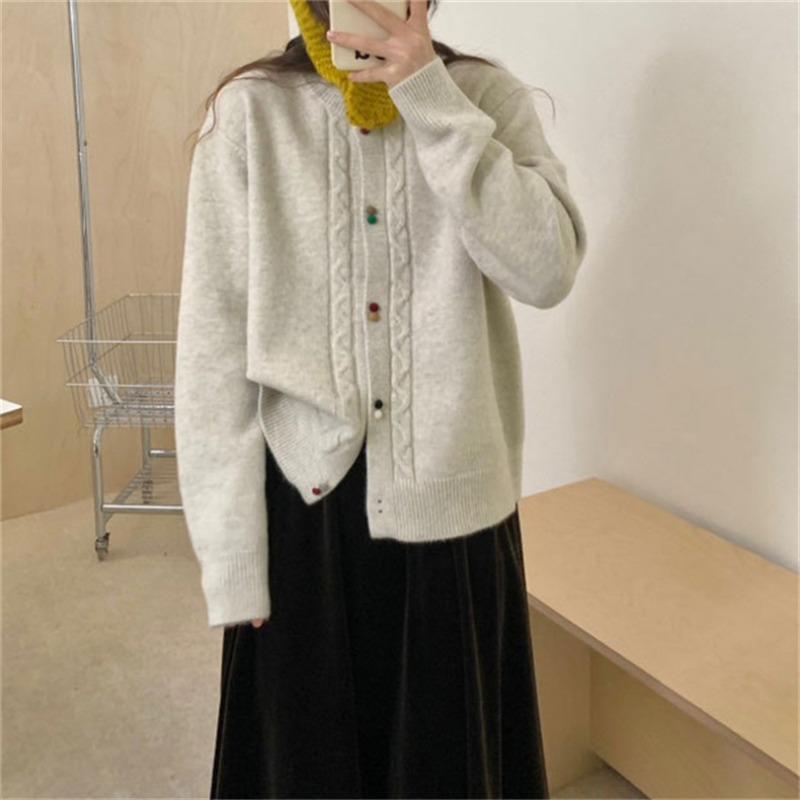 Sweet Soft Waxy Knitted Cardigan Top Women's Autumn and Winter New Color Buckle Loose Gentle Wind Sweater Jacket