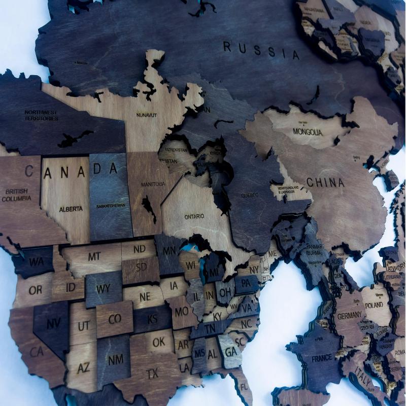 3D Wooden World Map – Handmade Wall Art For Home & Office Decor - Dark Brown