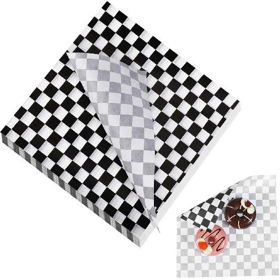 50PCS Checkered Wax Paper Sheets for Food Food Waxed Paper Sheets Sandwich Wrapping Paper Sheets Black Waterproof Oil-Proof Food Basket Liners for