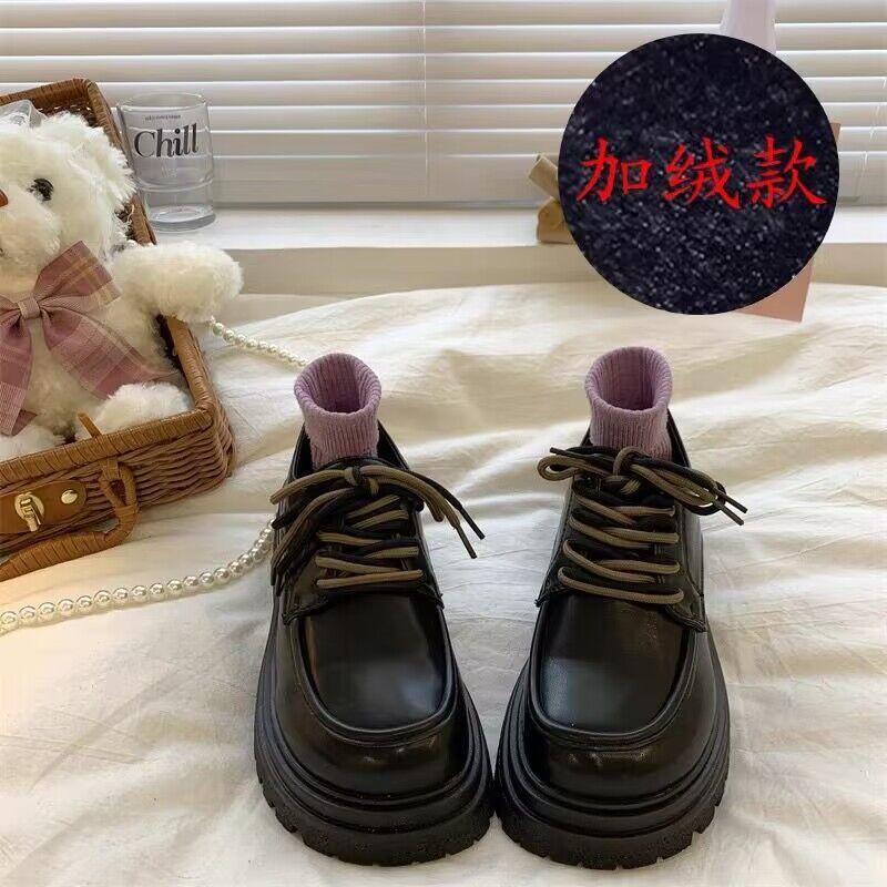 With Skirts, Small Leather Shoes, Women's Autumn 2025 New Retro British Style Velvet Versatile Round Head Thick Sole Height Increase Single