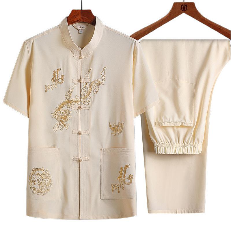Middle-aged and Elderly Chinese Style Tang Suit Dad Summer Short-sleeved Suit Grandpa Summer Chinese Button-down Shirt and Pants Two-piece Set