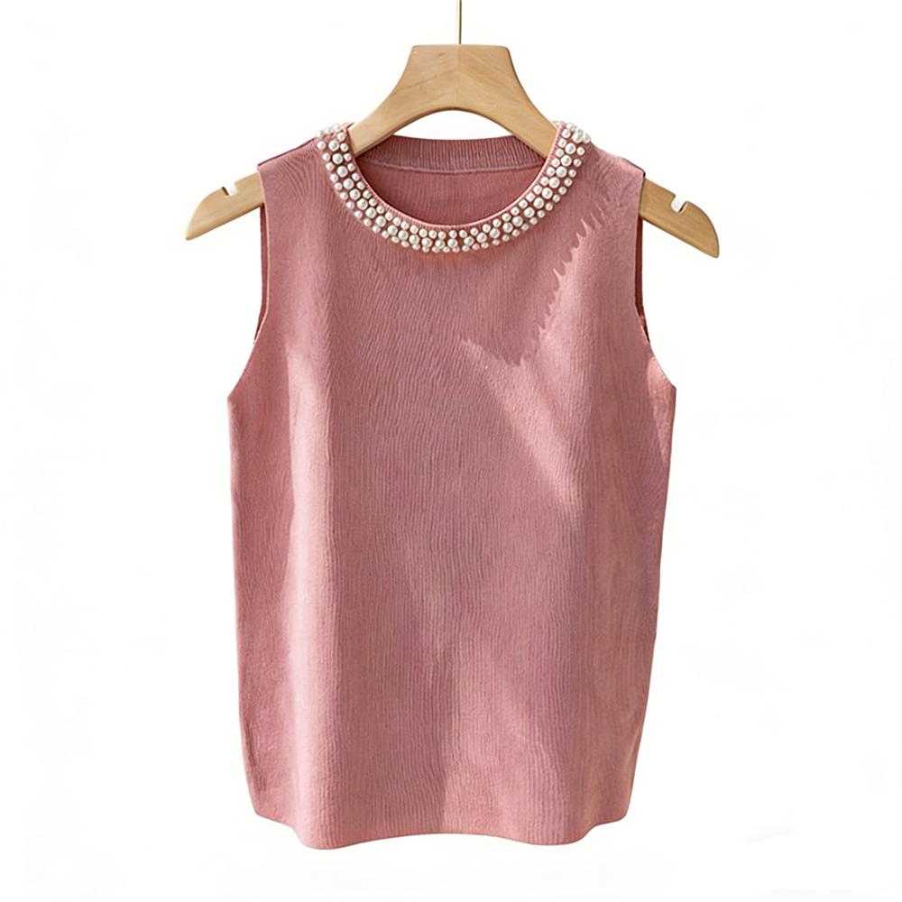 Summer Spring Women s Short Vest Round Neck Sleeveless Top Elegant Knitted Vest Top French Style розовый