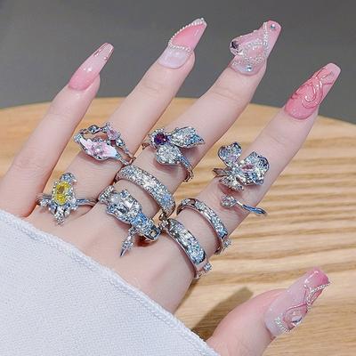 Bird Flower Irregular Fold Butterfly Stacked Open Ring High Sense Zircon Personality Niche Design Ring