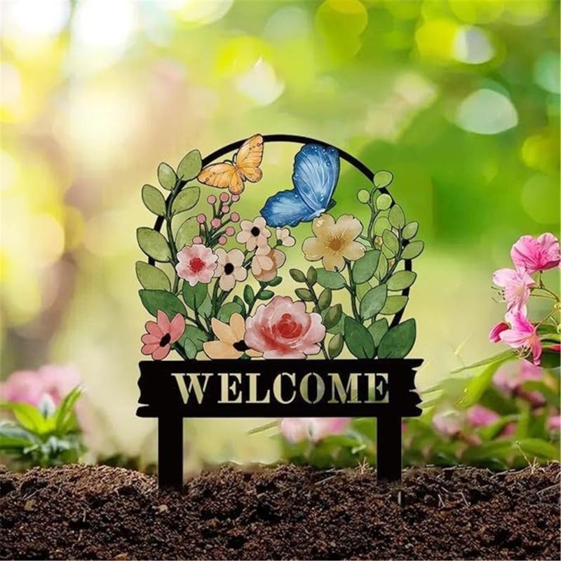 Iron Garden Welcome Sign with Twin-Pointed Soil Insert, Outdoor Metal Stake for Yard, Lawn and Flower Bed Placement Display Use at Home