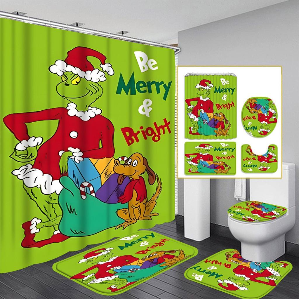 Christmas Green-Haired Pattern Shower Curtain Four-piece Set With 12 Hooks Polyester Waterproof Shower Curtain.