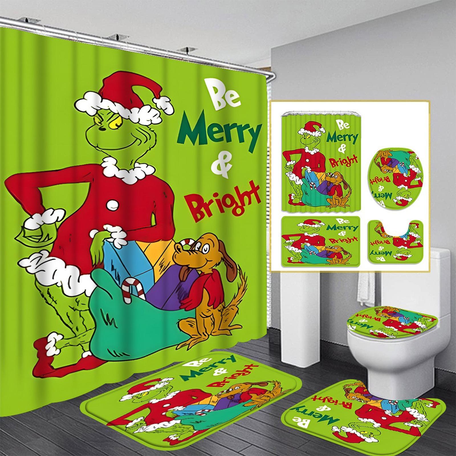 

Рождественский узор с зелеными волосами Набор из четырех предметов для занавески для душа с 12 крючками Полиэстеровая водонепроницаемая занавеска для душа. One Size